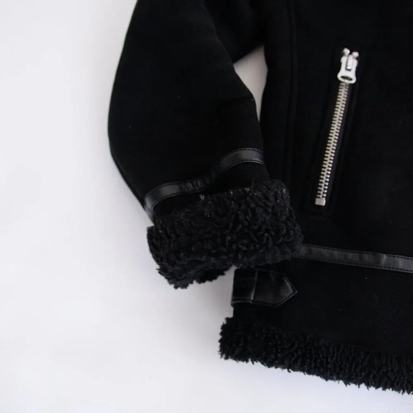 Zara Black Faux Shearling Bomber  Moto Jacket Small - Picture 11 of 16